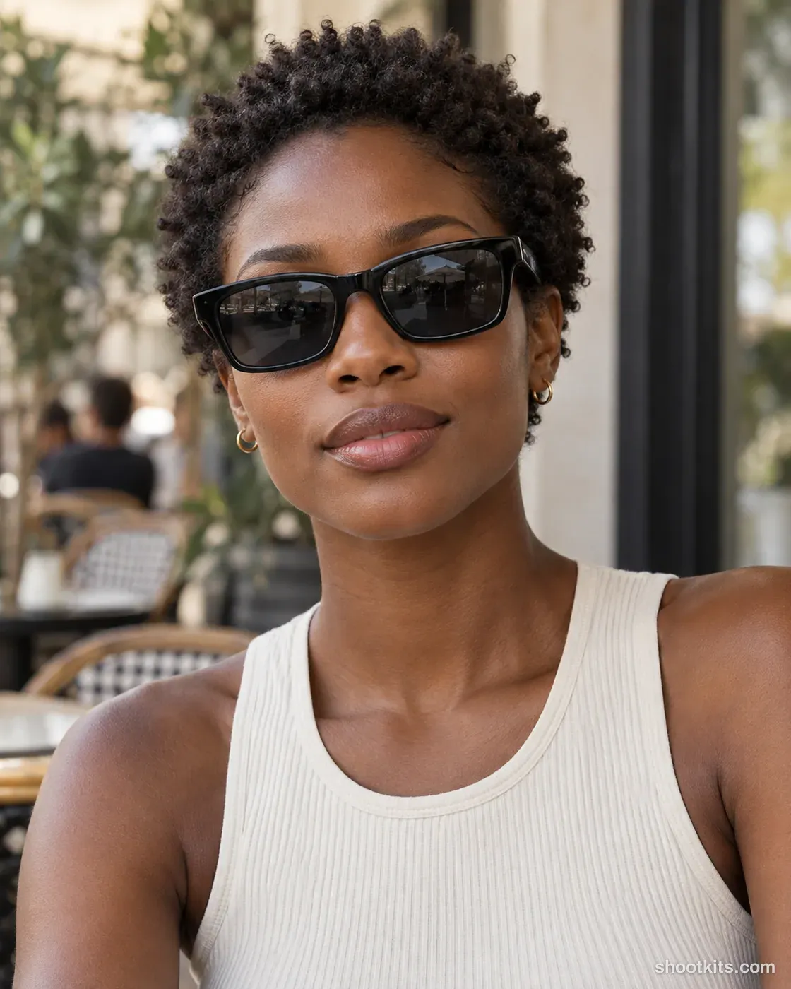 Cafe portrait: sunglasses photo made with ChatGPT. Shaded outdoor cafe terrace.