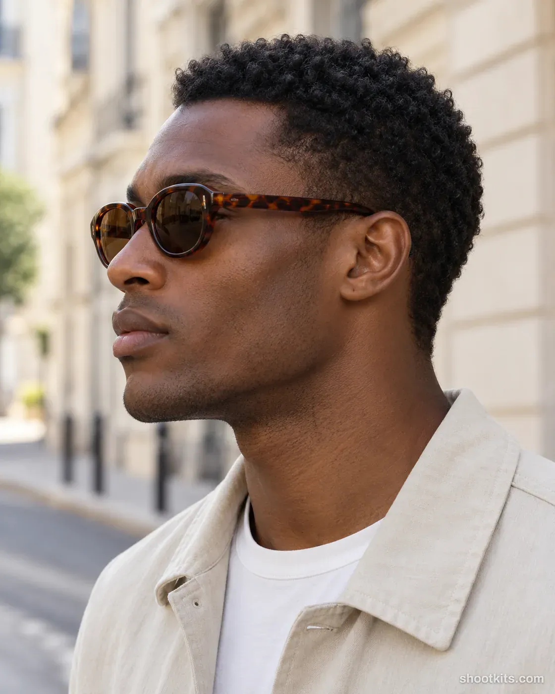 City profile: sunglasses photo made with ChatGPT. Quiet city street with pale architecture.