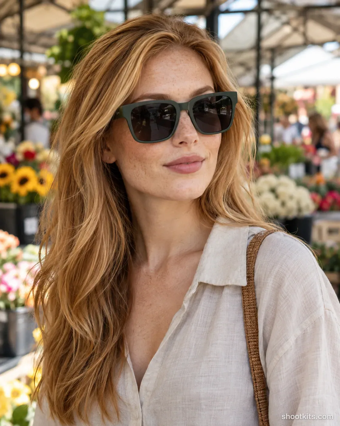 Market shade: sunglasses photo made with ChatGPT. Covered flower market with softly blurred stalls.