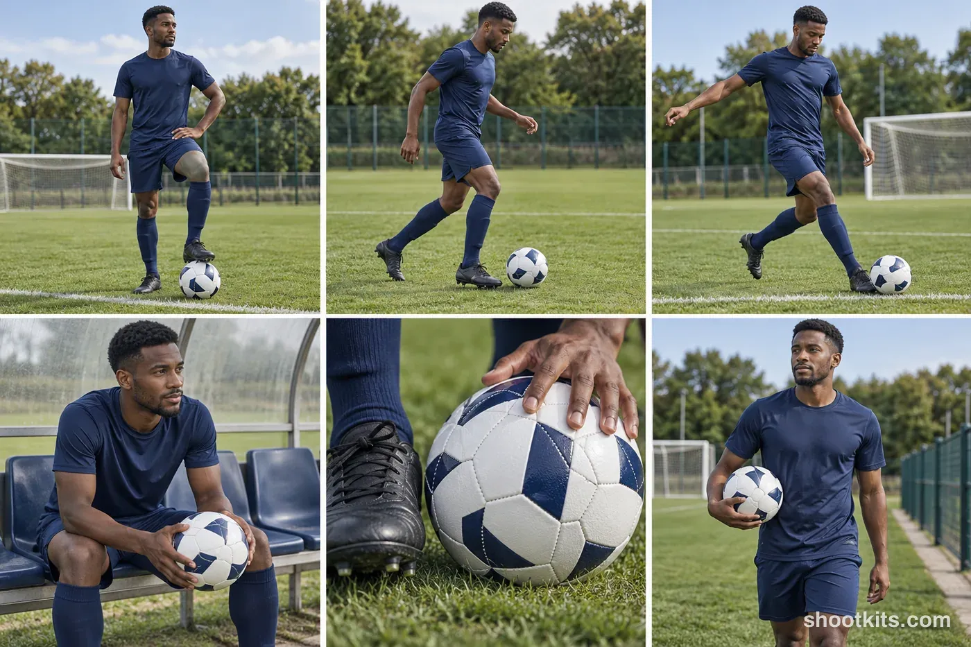 6-panel football (soccer) lifestyle shoot made with ChatGPT