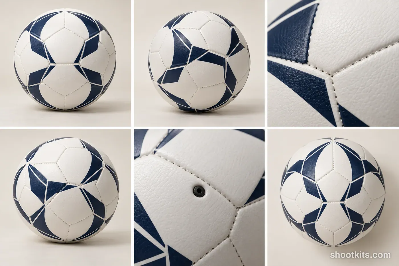 6-panel football (soccer) equipment product shots made with ChatGPT