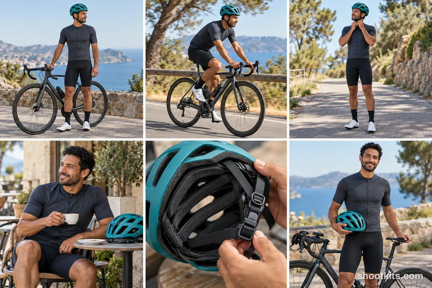 6-panel cycling athlete action shoot made with ChatGPT