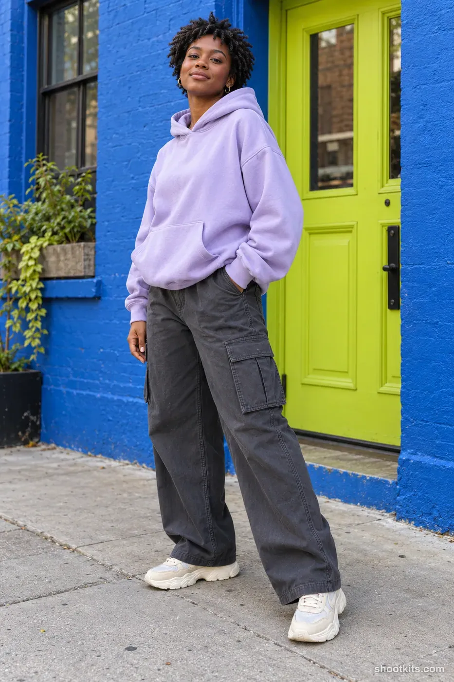 Color-block corner stance: streetwear photo made with ChatGPT. cobalt-painted urban wall with a lime doorway.