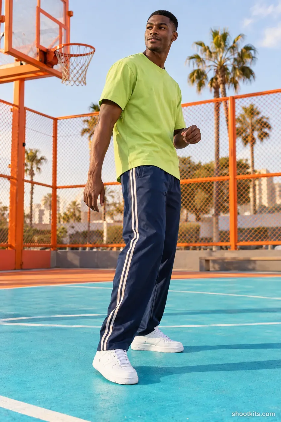 Court pivot: streetwear photo made with ChatGPT. outdoor basketball court with turquoise floor and orange fencing.