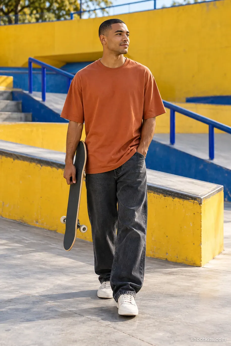 Skate plaza carry: streetwear photo made with ChatGPT. yellow-painted skate plaza ledge with cobalt rail.