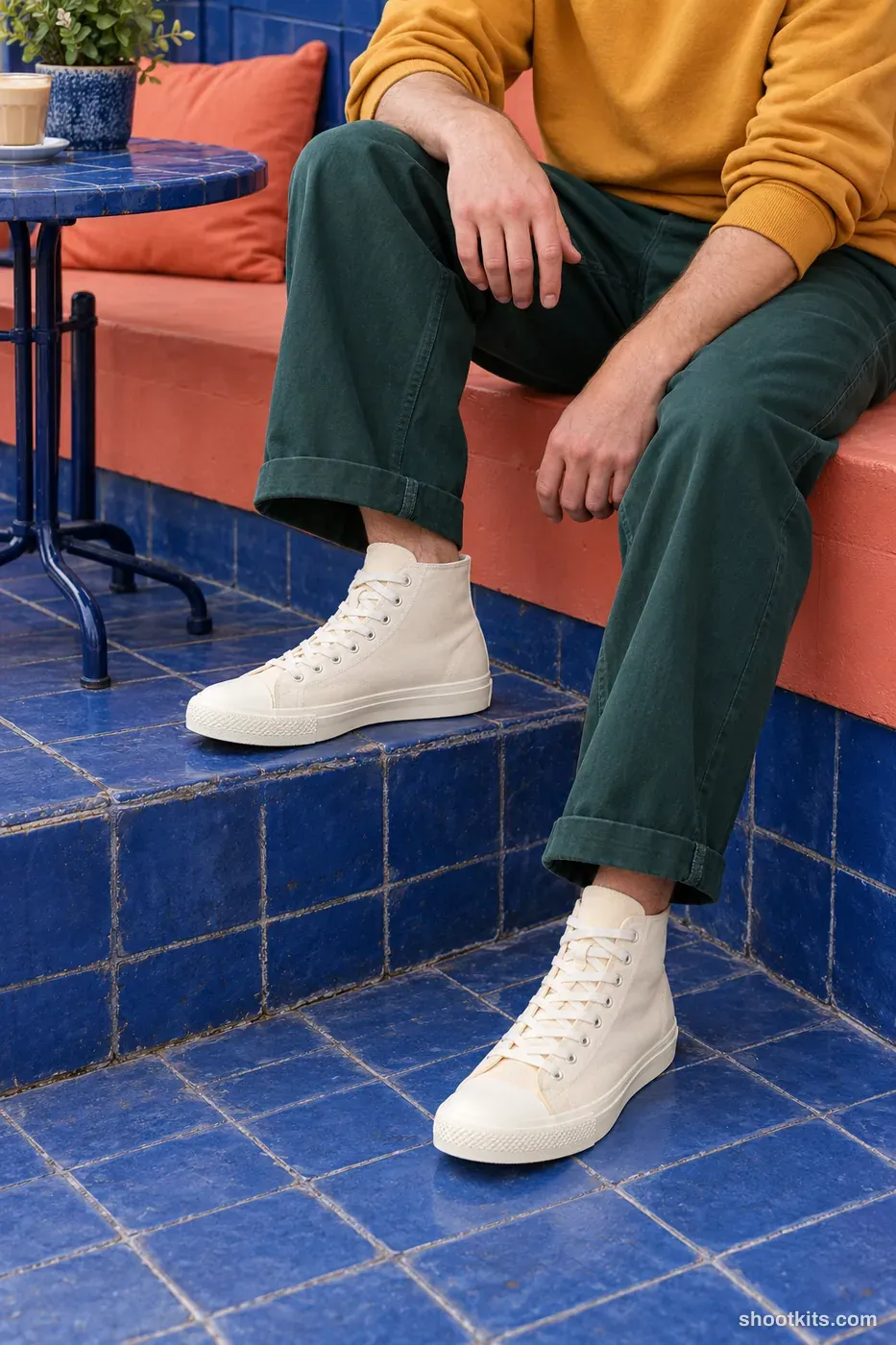 Sneaker step detail: streetwear photo made with ChatGPT. cobalt tiled café terrace with a coral bench.