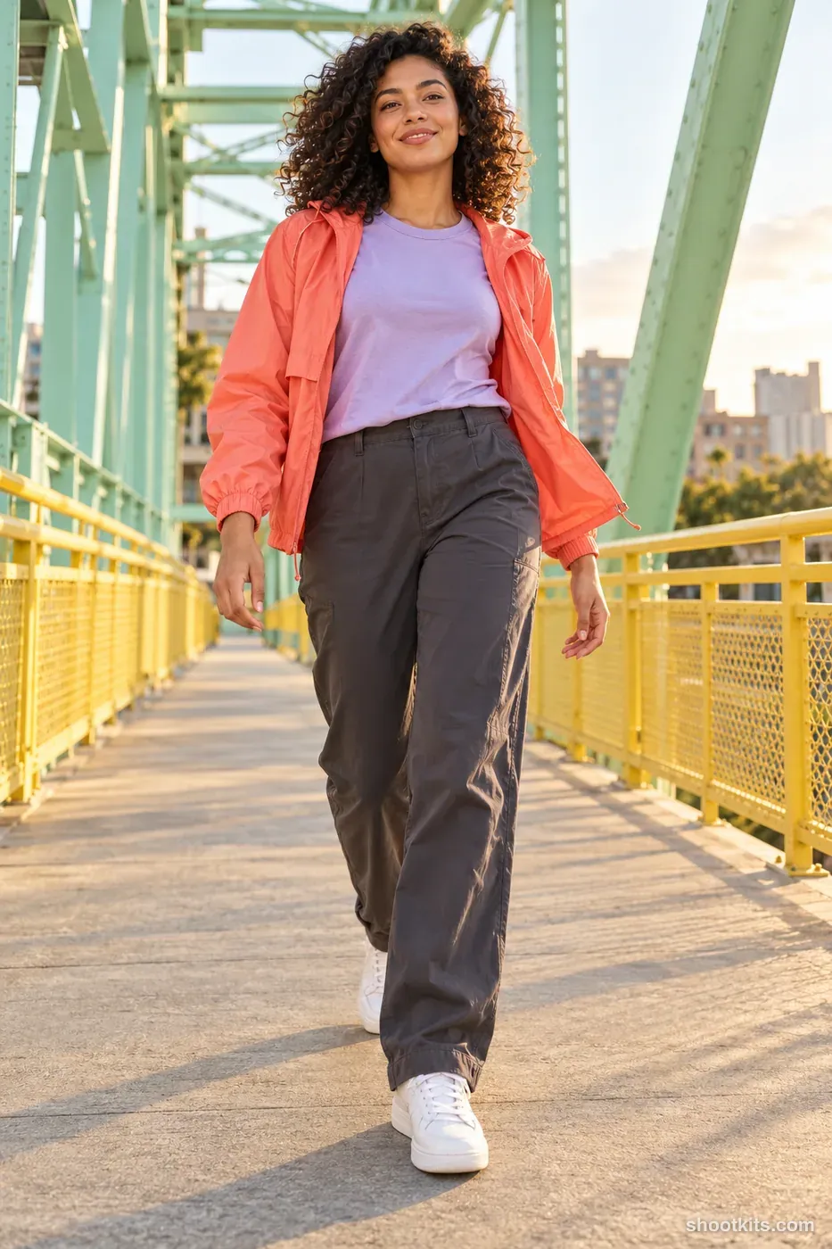 Windbreaker motion: streetwear photo made with ChatGPT. mint pedestrian bridge with yellow rail.