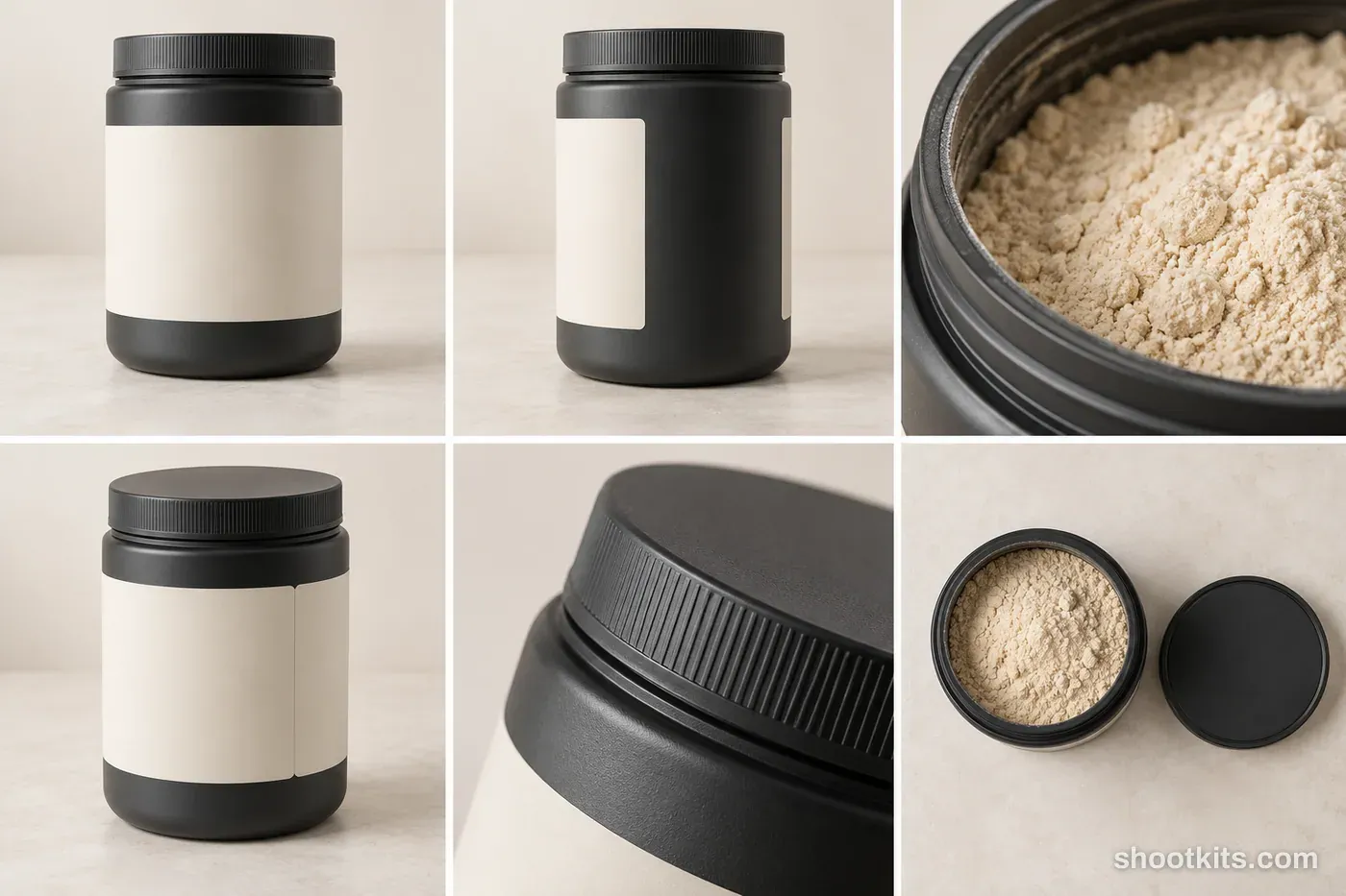6-panel protein powders product shots made with ChatGPT