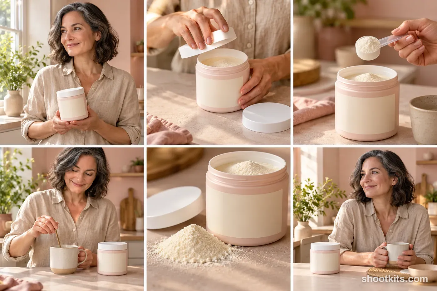 6-panel collagen powders studio shoot with a model made with ChatGPT