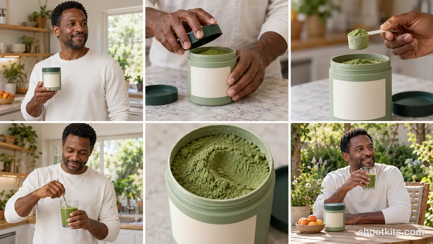 6-panel greens powders lifestyle shoot made with ChatGPT
