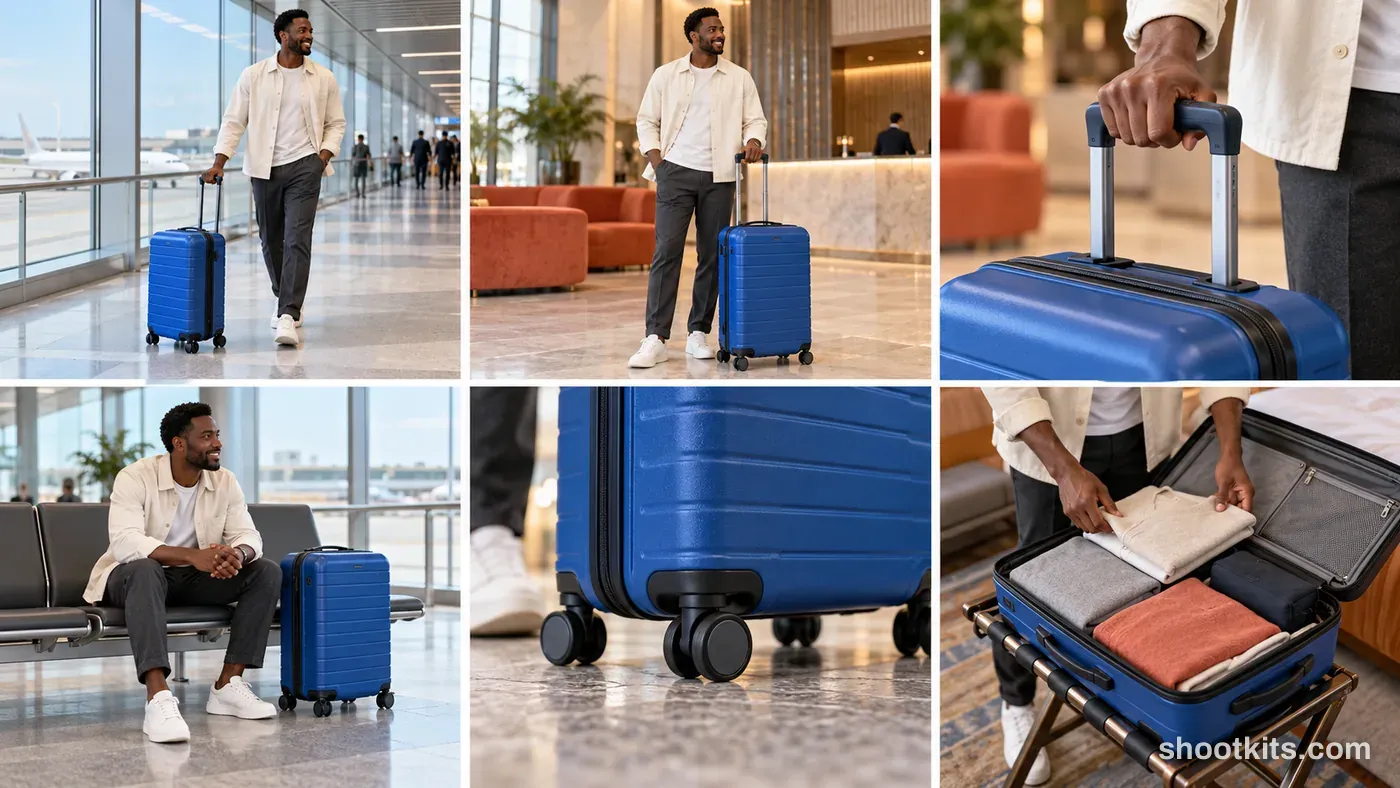 6-panel luggage lifestyle campaign made with ChatGPT