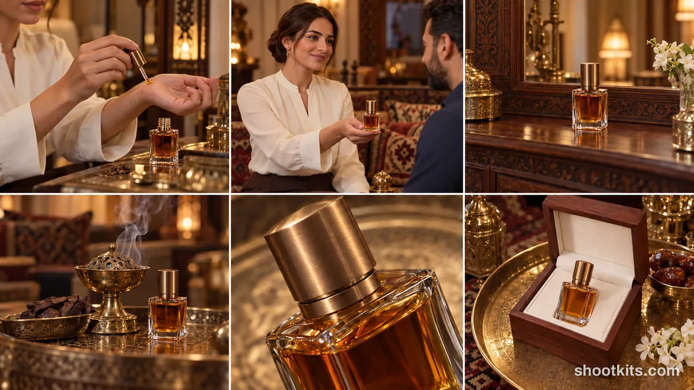 6-panel oud fragrance lifestyle campaign made with ChatGPT